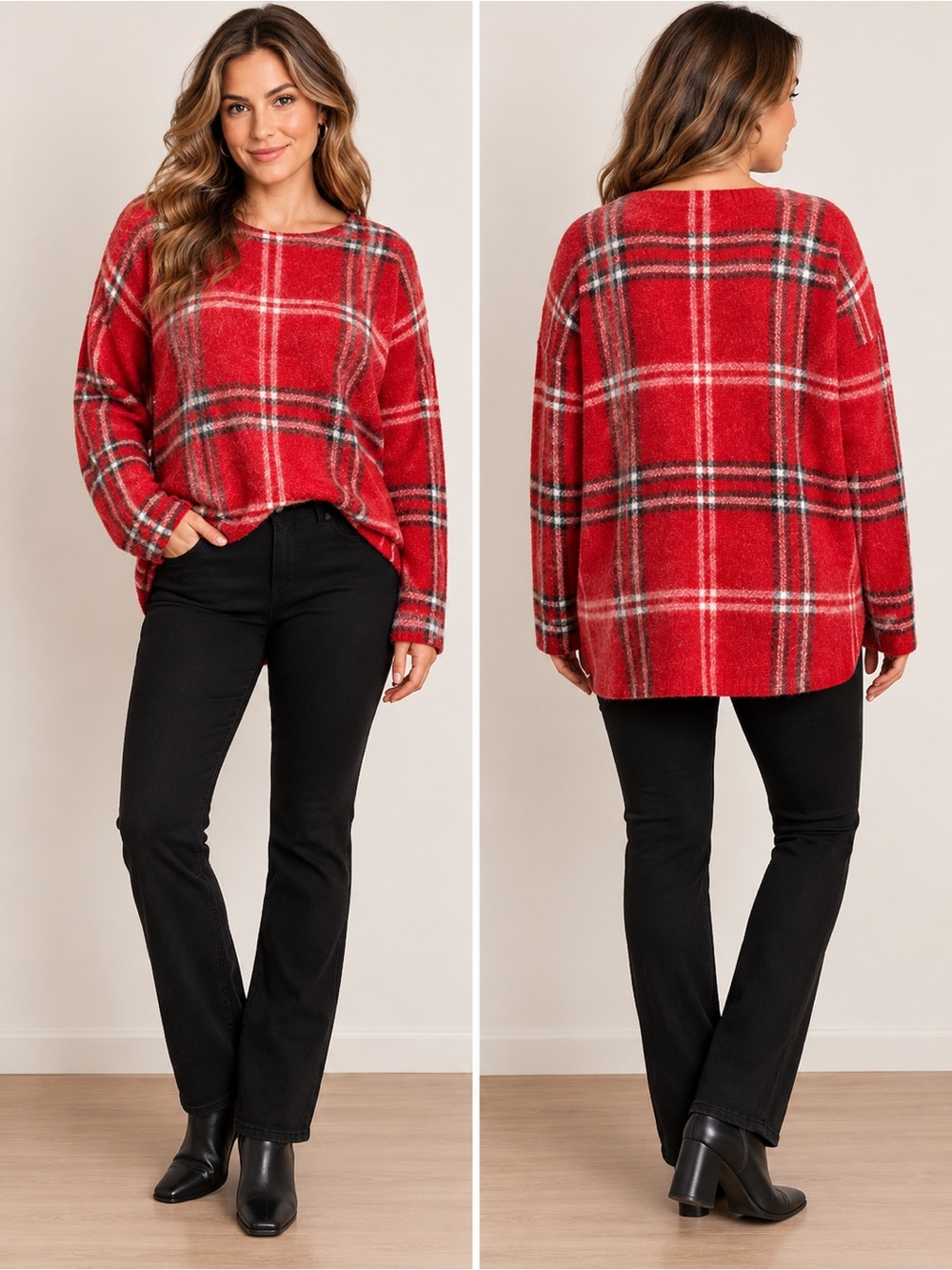 Tahari Red Plaid Fuzzy Knit Oversized
Sweater XL